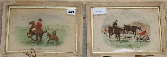 Two late 19th century English ink and watercolour hunting scenes, Friendly and Killed in the Open, 16 x 25cm